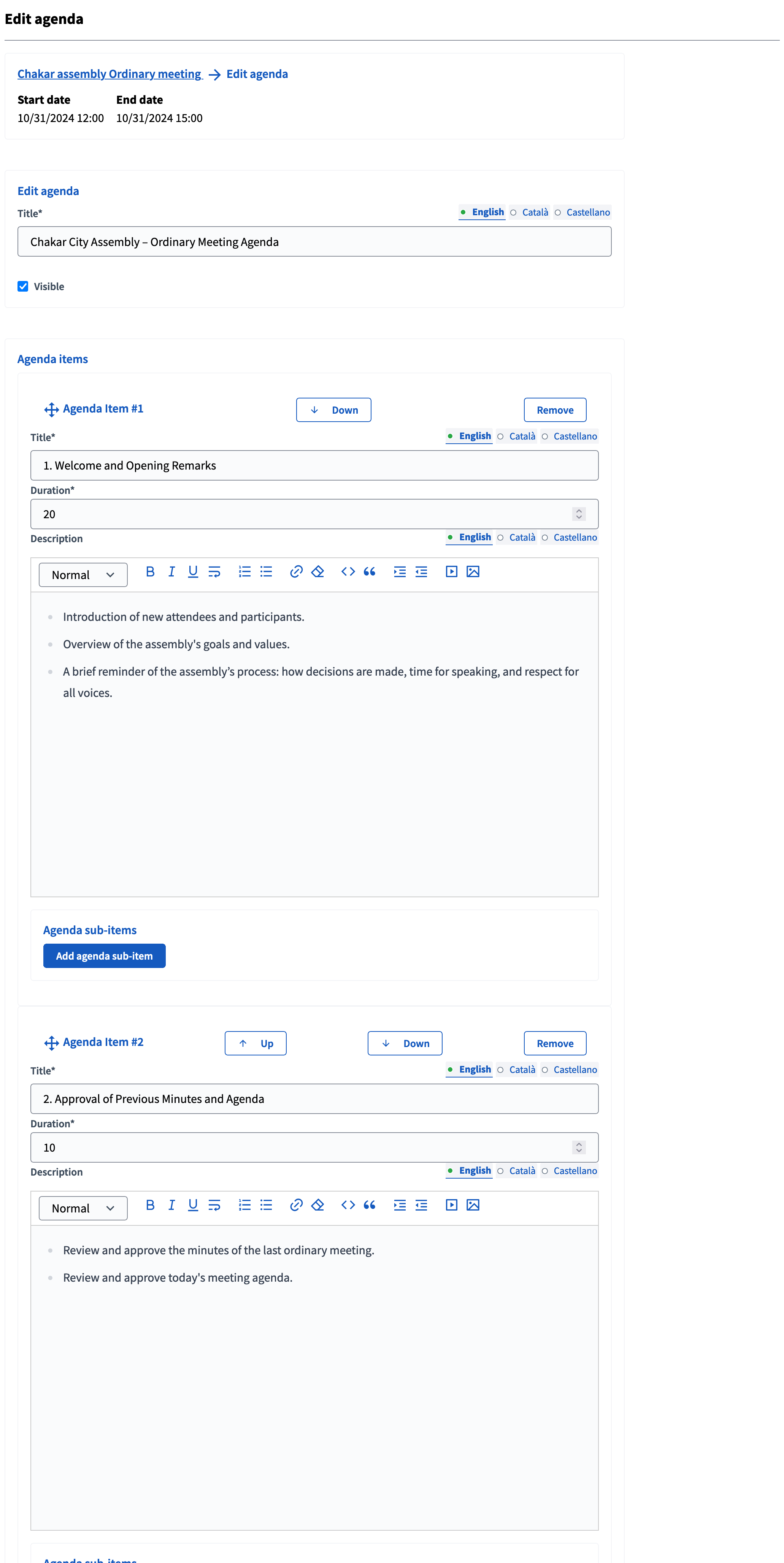 Neues Agenda-Formular im Backend