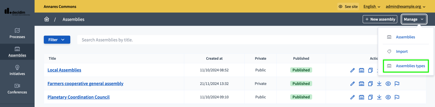 Backend assemblies types menu item