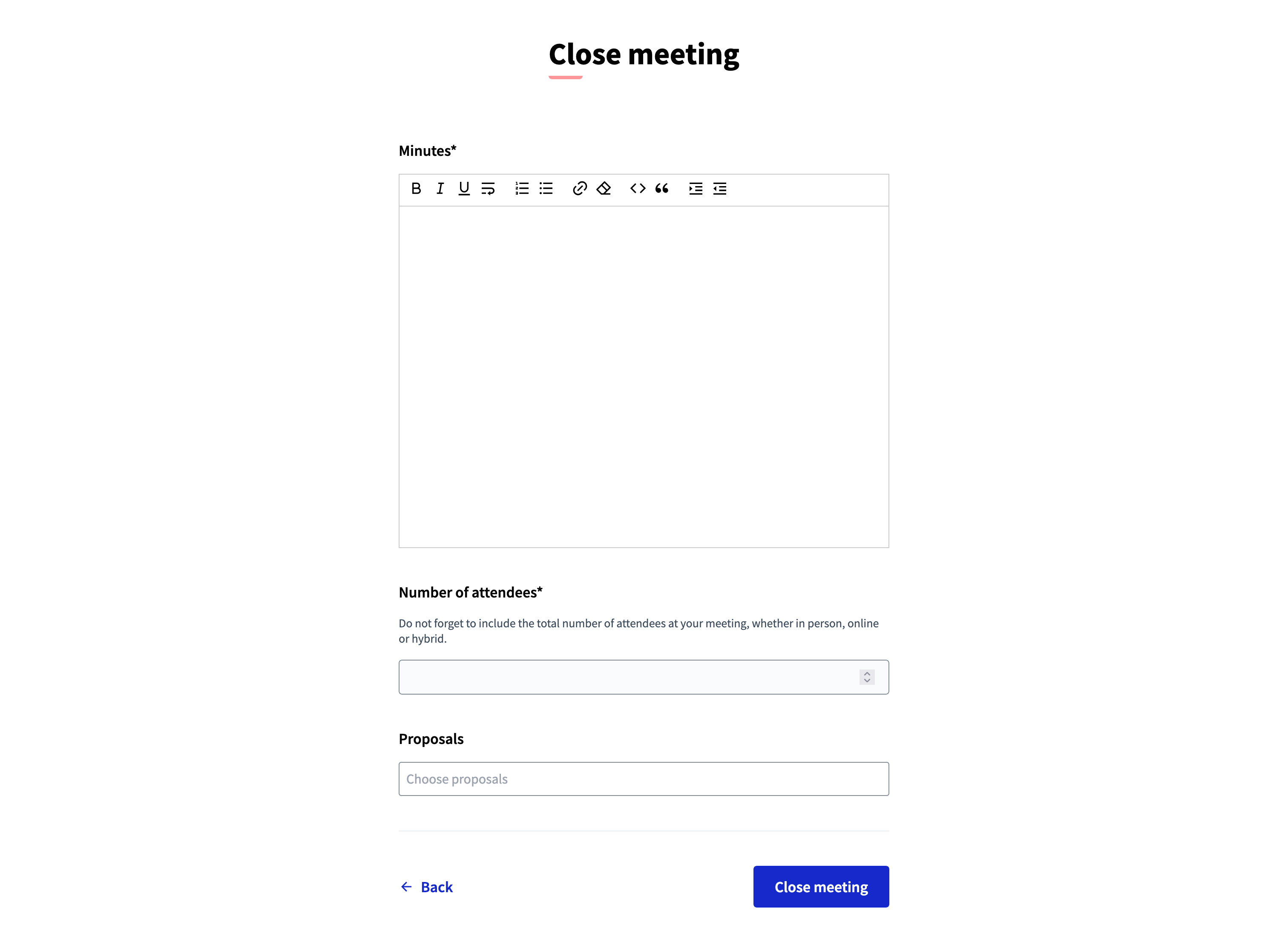 Close meeting form in the frontend