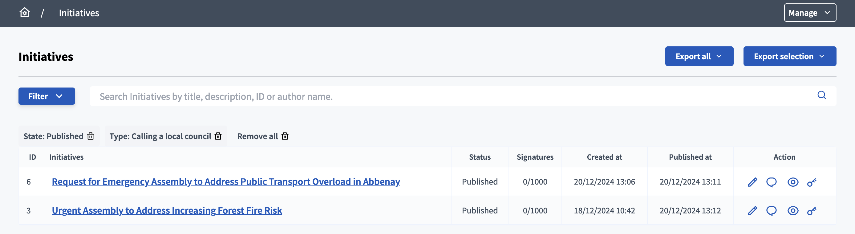 Initiatives list filtered