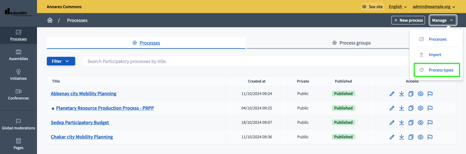 Backend process types menu item
