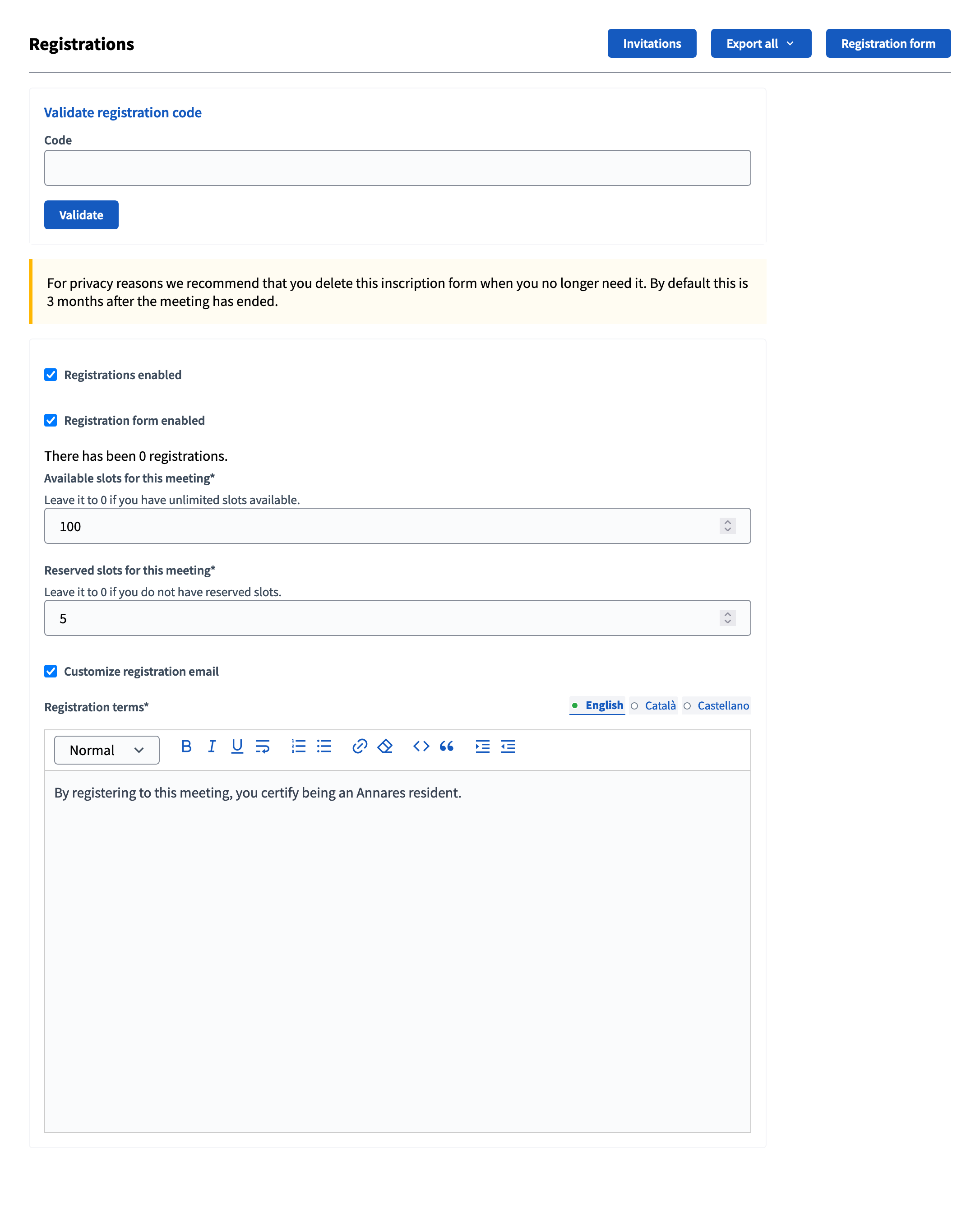 Paramètres des inscriptions dans une réunion